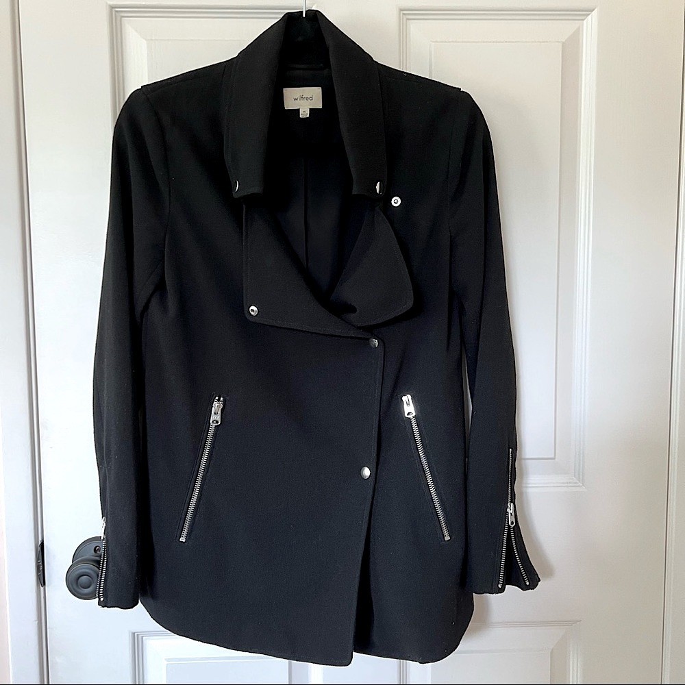 Aritzia Wilfred Mayet double breasted drapey moto jacket, black, XS
